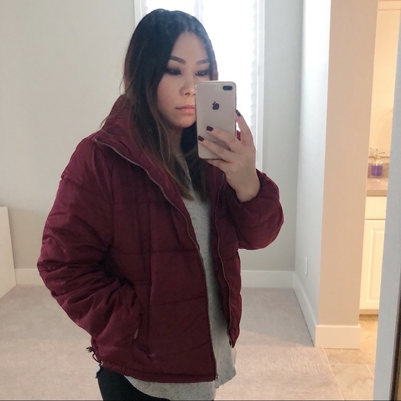 Burgundy Quilted Puffer Puffy Jacket - Picture 2 of 6
